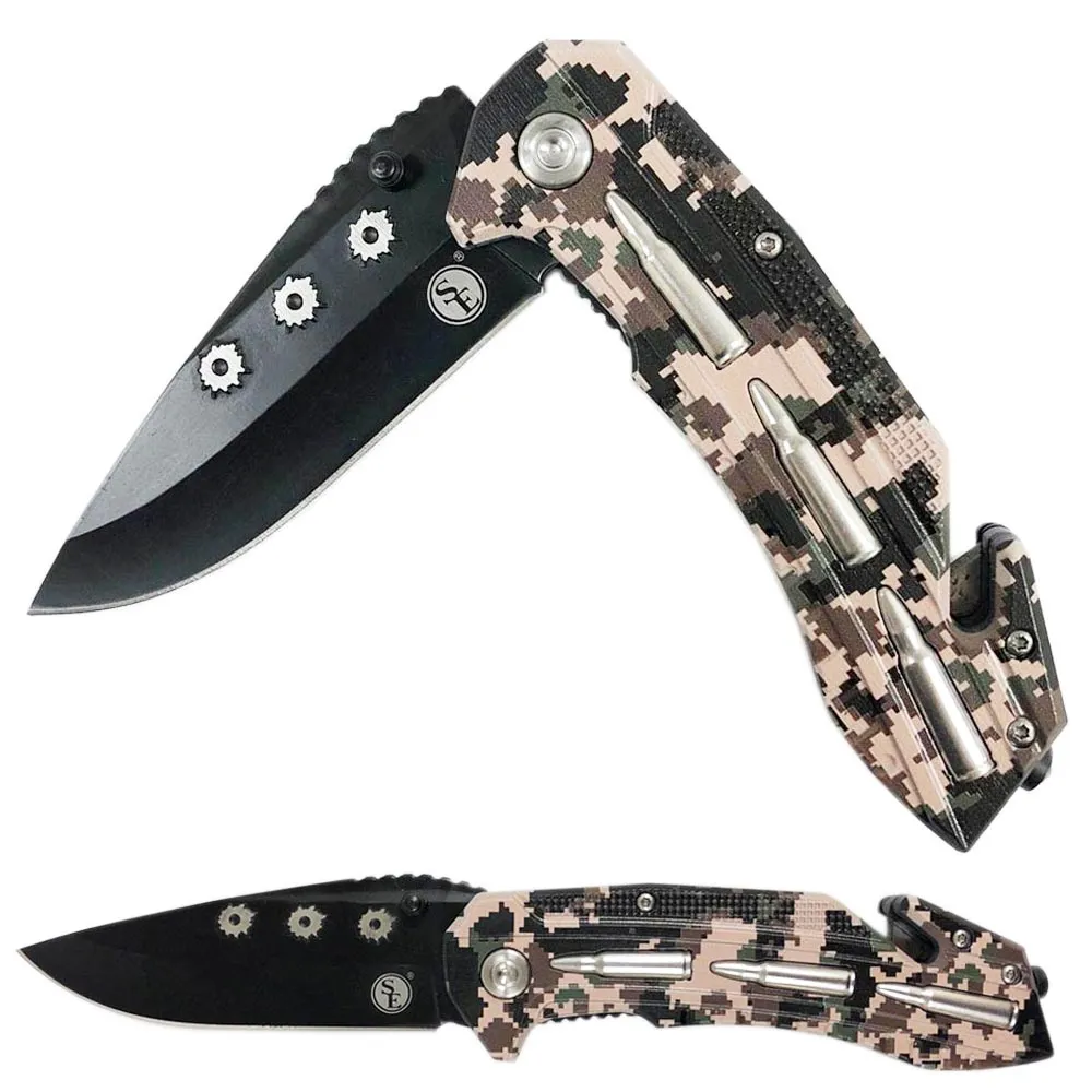 2 Camo Folding Knife Tactic 3.5" Blade Clip Survival Hunting Camping SpringClose