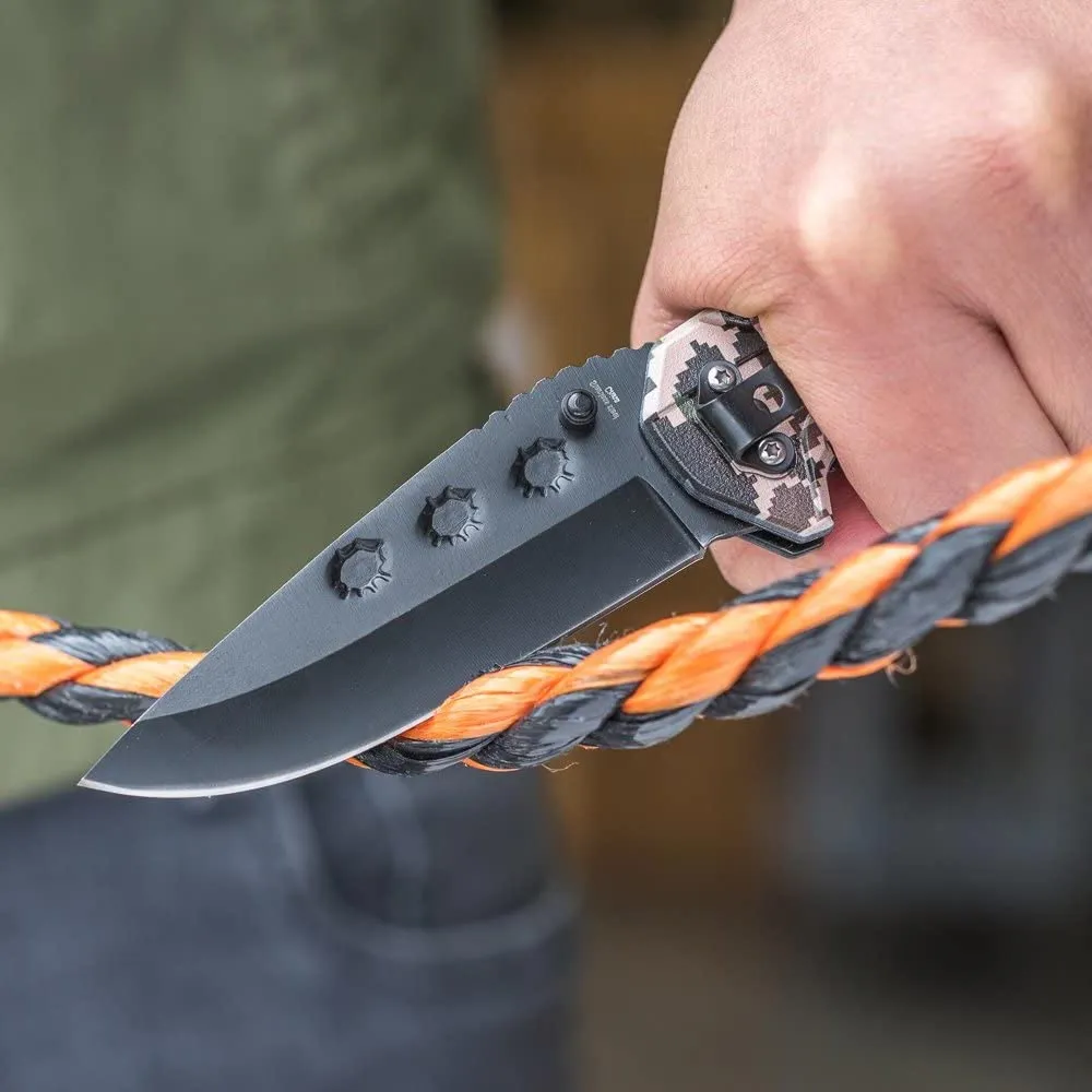 2 Camo Folding Knife Tactic 3.5" Blade Clip Survival Hunting Camping SpringClose