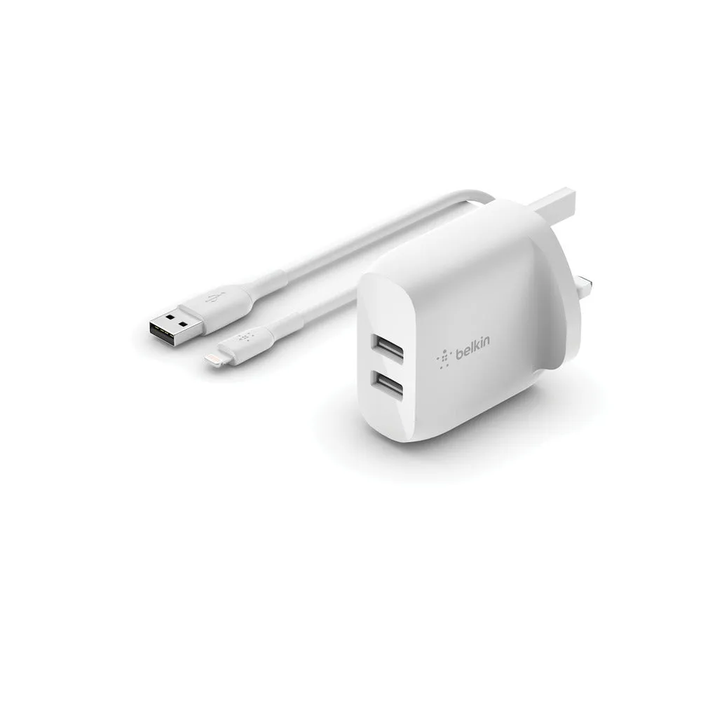 BELKIN BosstCharge Dual USB-A Wall Charger (24W)   Lightning Cable 1M - White