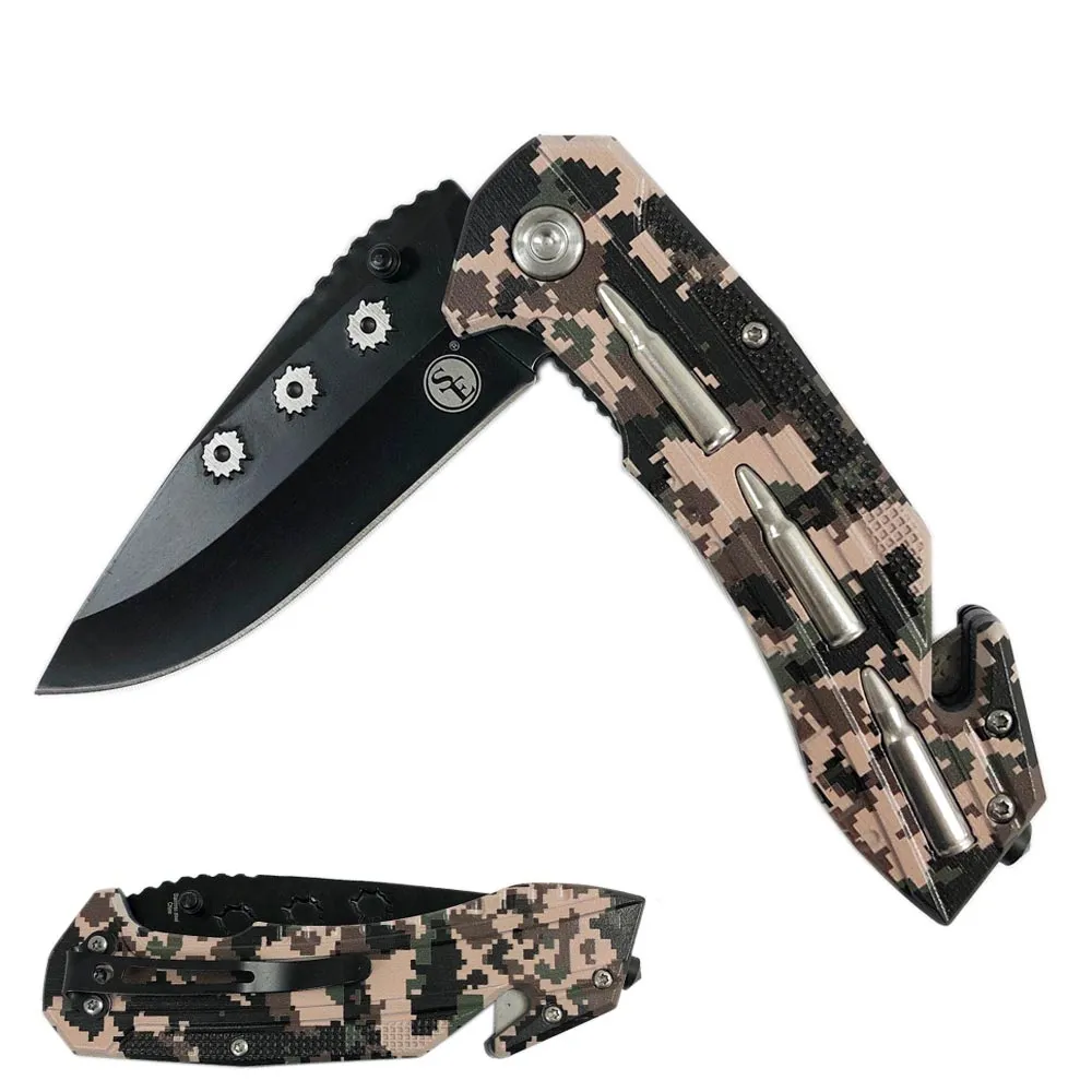 Camo Folding Knife Tactic 3.5" Blade Clip Survival Hunting Camping Spring Close