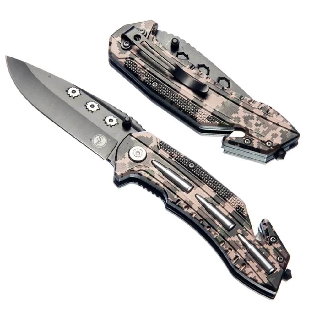 Camo Folding Knife Tactic 3.5" Blade Clip Survival Hunting Camping Spring Close