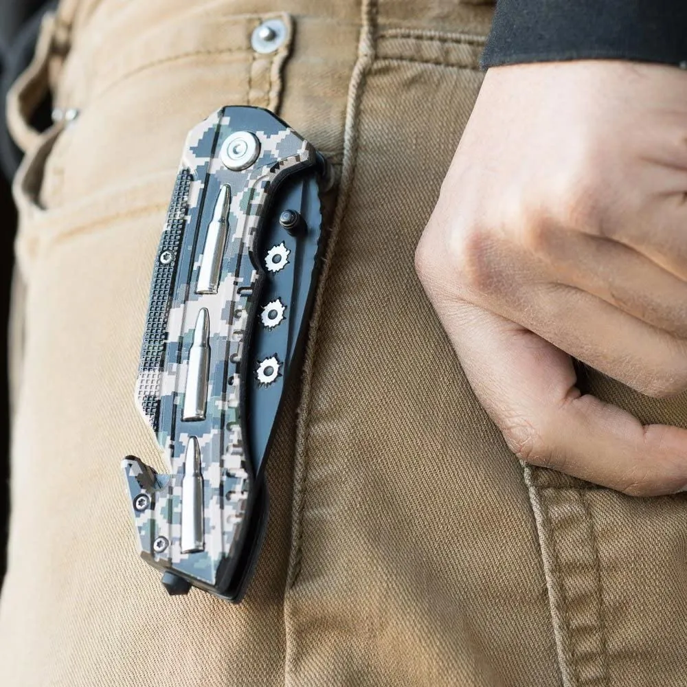 Camo Folding Knife Tactic 3.5" Blade Clip Survival Hunting Camping Spring Close