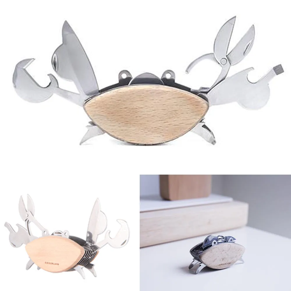 Kikkerland Beechwood Crab Multi-Tool Stainless Steel Pocket Knife Travel Tool