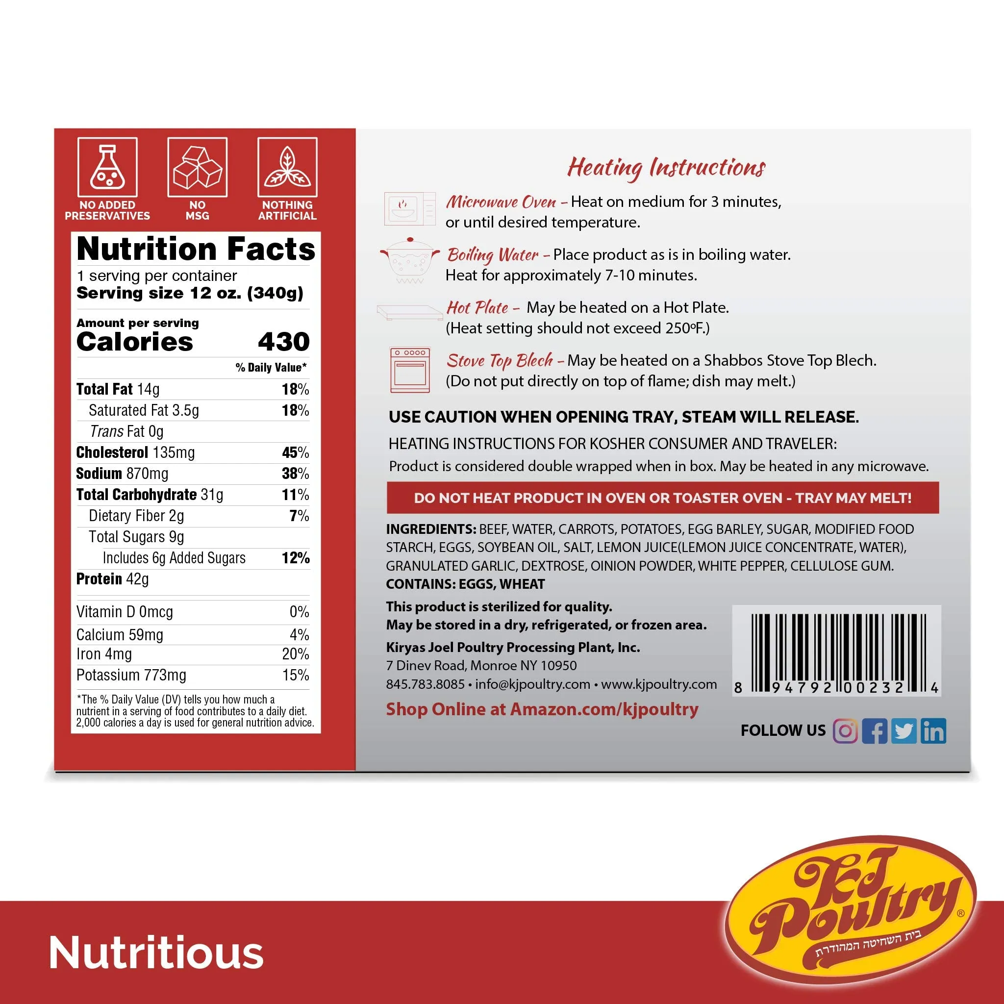 KJ Poultry Kosher MRE Meat Meals Ready to Eat, Beef Rib Steak and Kugel - 3 Pack