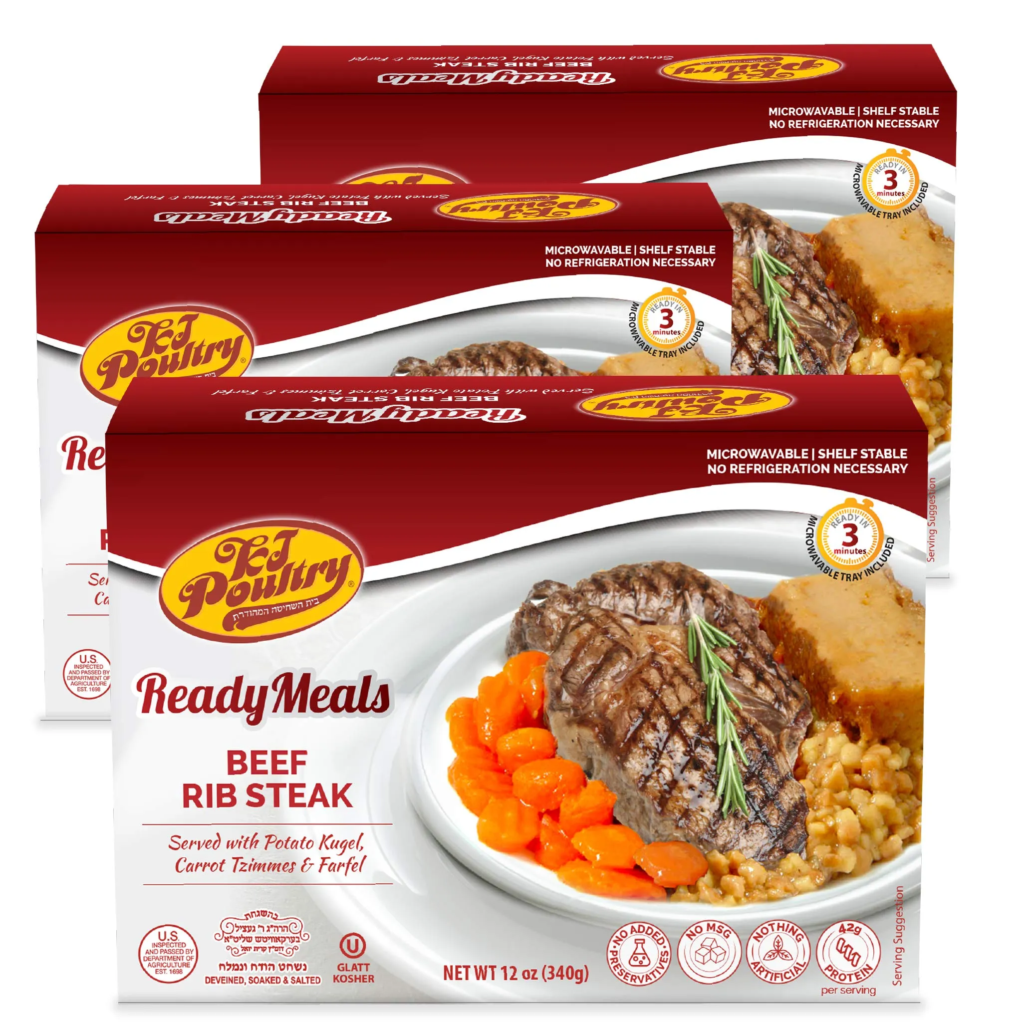KJ Poultry Kosher MRE Meat Meals Ready to Eat, Beef Rib Steak and Kugel - 3 Pack