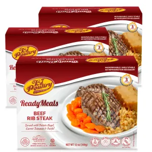 KJ Poultry Kosher MRE Meat Meals Ready to Eat, Beef Rib Steak and Kugel - 3 Pack
