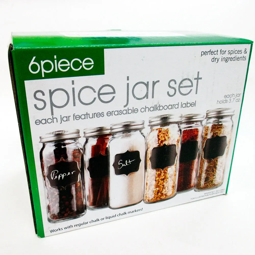 Set Of 6 Glass Spice Jars Chalkboard Storage Caps 3.7 Oz Clear Container Kitchen