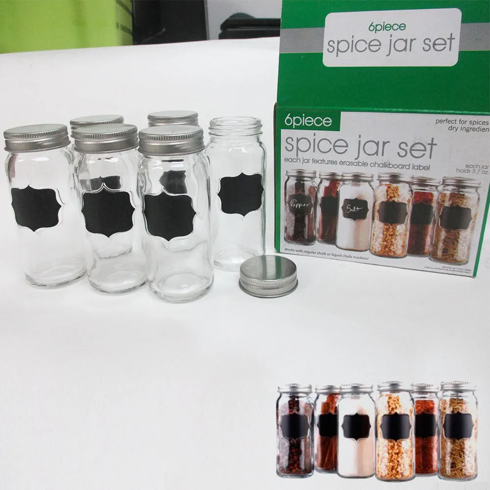 Set Of 6 Glass Spice Jars Chalkboard Storage Caps 3.7 Oz Clear Container Kitchen