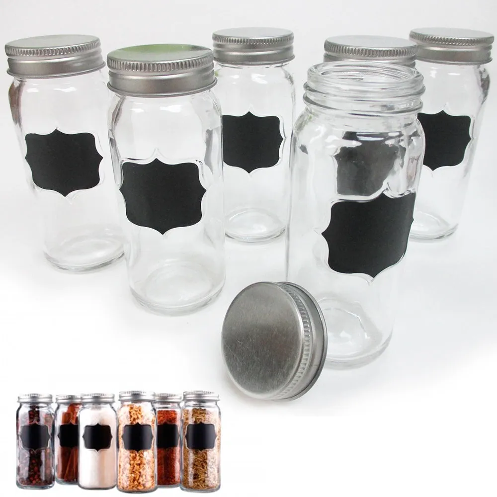 Set Of 6 Glass Spice Jars Chalkboard Storage Caps 3.7 Oz Clear Container Kitchen